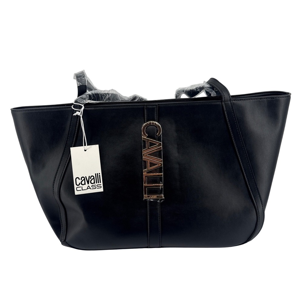 Cavalli Class Sandra Shopper Black Onyx Gold Logo Tote Bag CCS25614-BKOX NEW